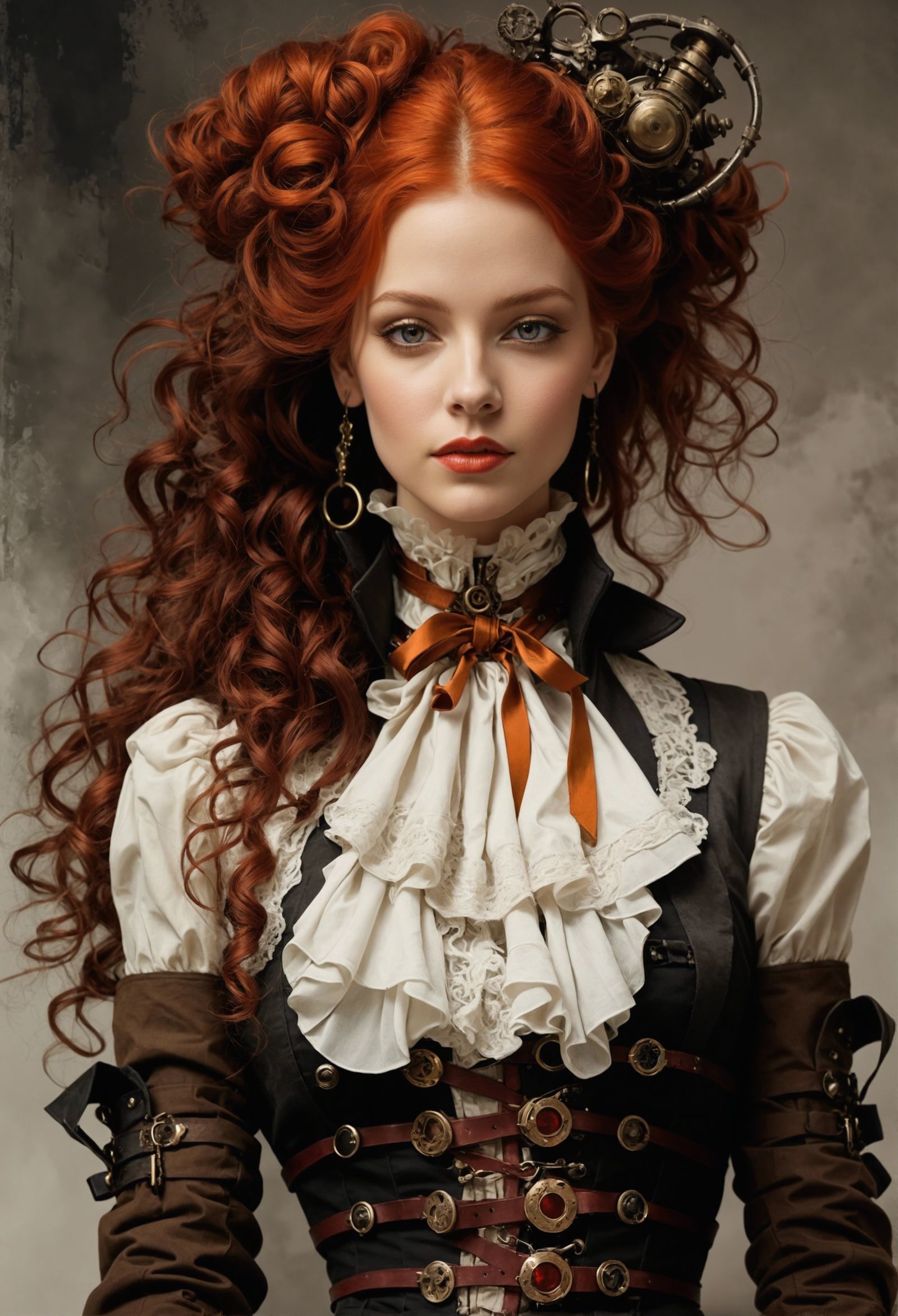 Steampunk Fashion Sketch with Red Hair, Mixed-Media Style