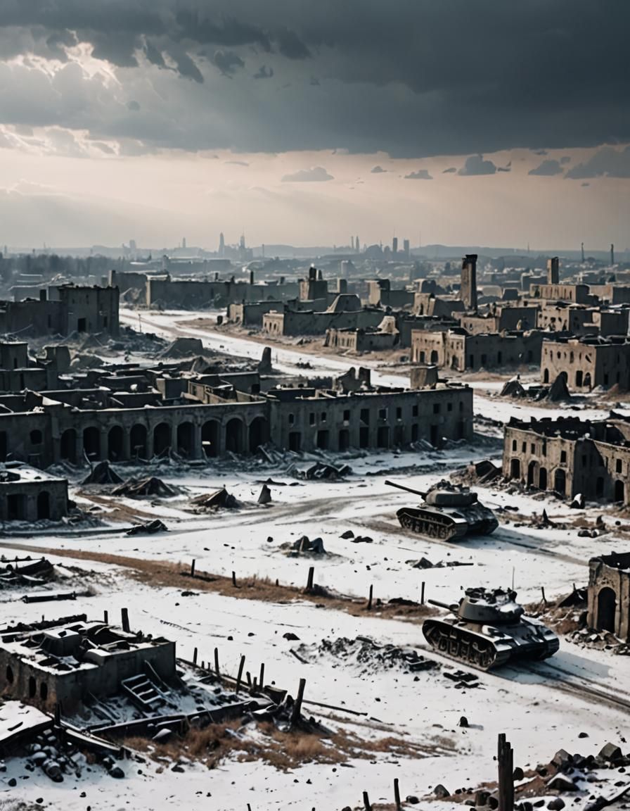 Cinematic Winter Battlefield with Ruins and Devastation