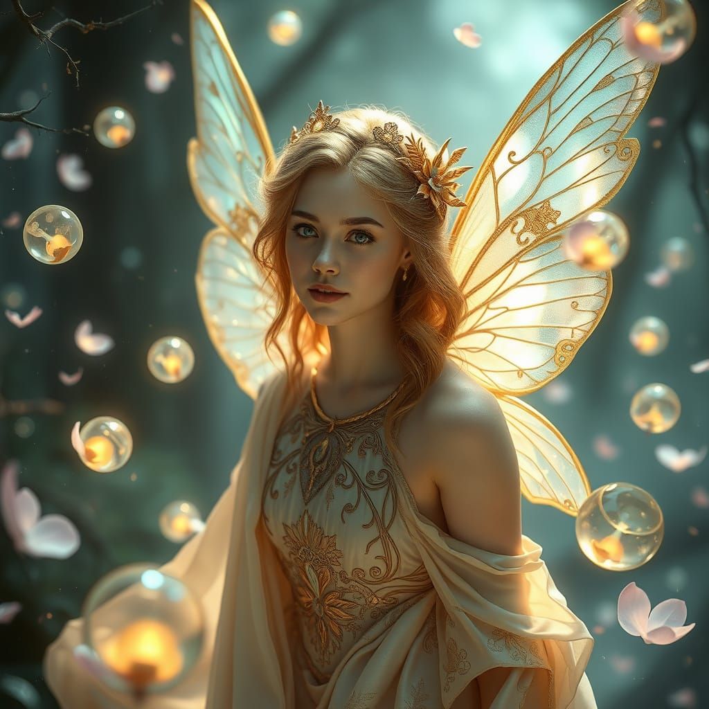 Ethereal Fairy Queen with Iridescent Wings in Fantasy Forest