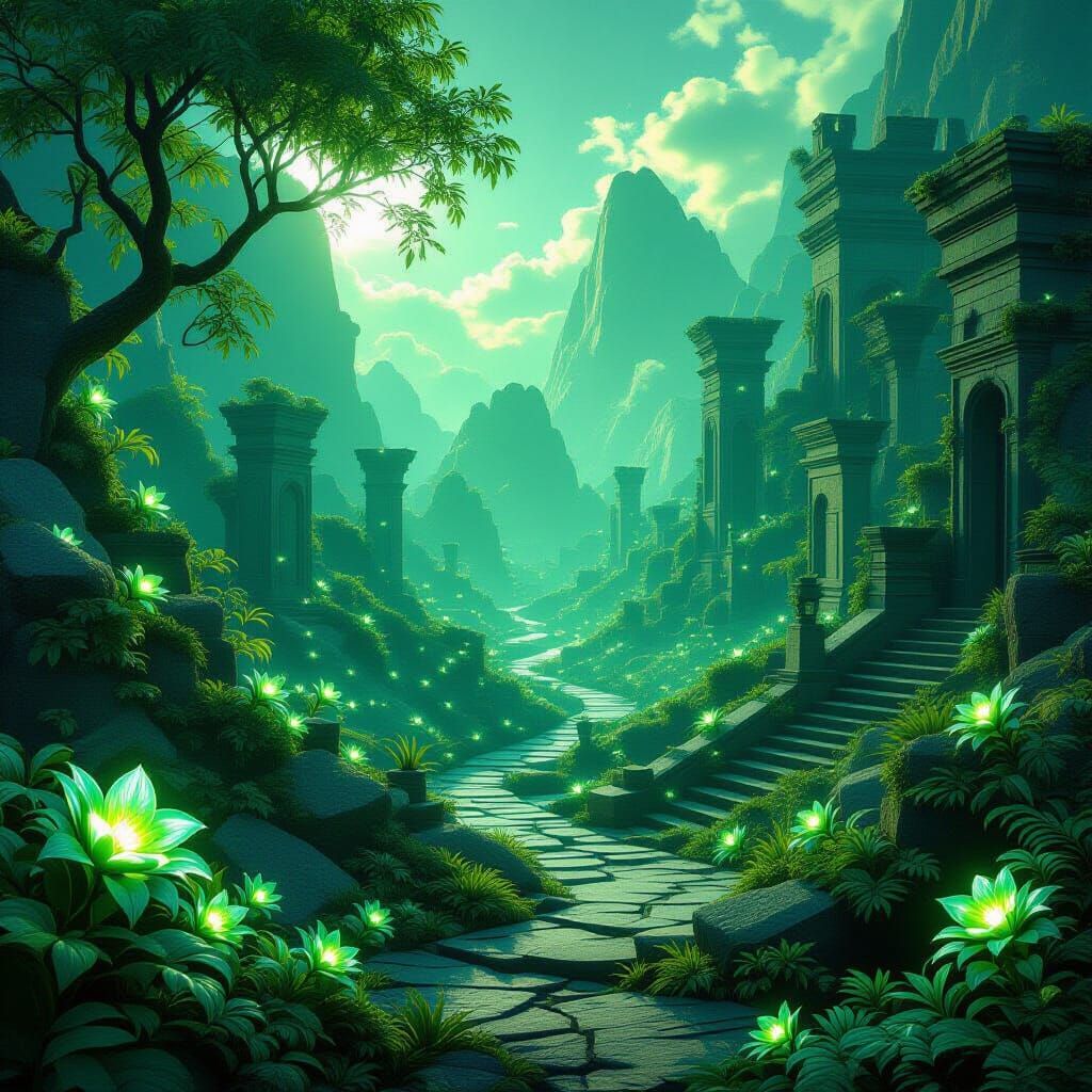Fantastical Emerald Landscape with Ancient Ruins