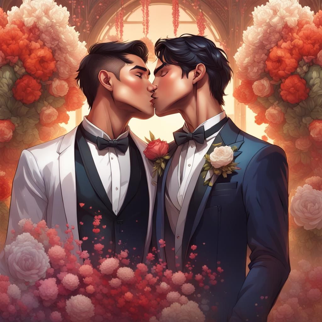 Gay Couple Wedding Portrait in Hyperdetailed Style