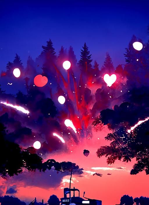 Heart Shaped Fireworks in Anime Style