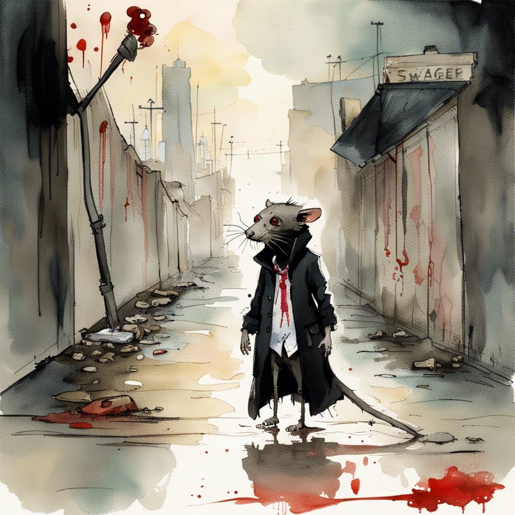Scary Red-Eyed Rat in Sewer, Watercolor Style