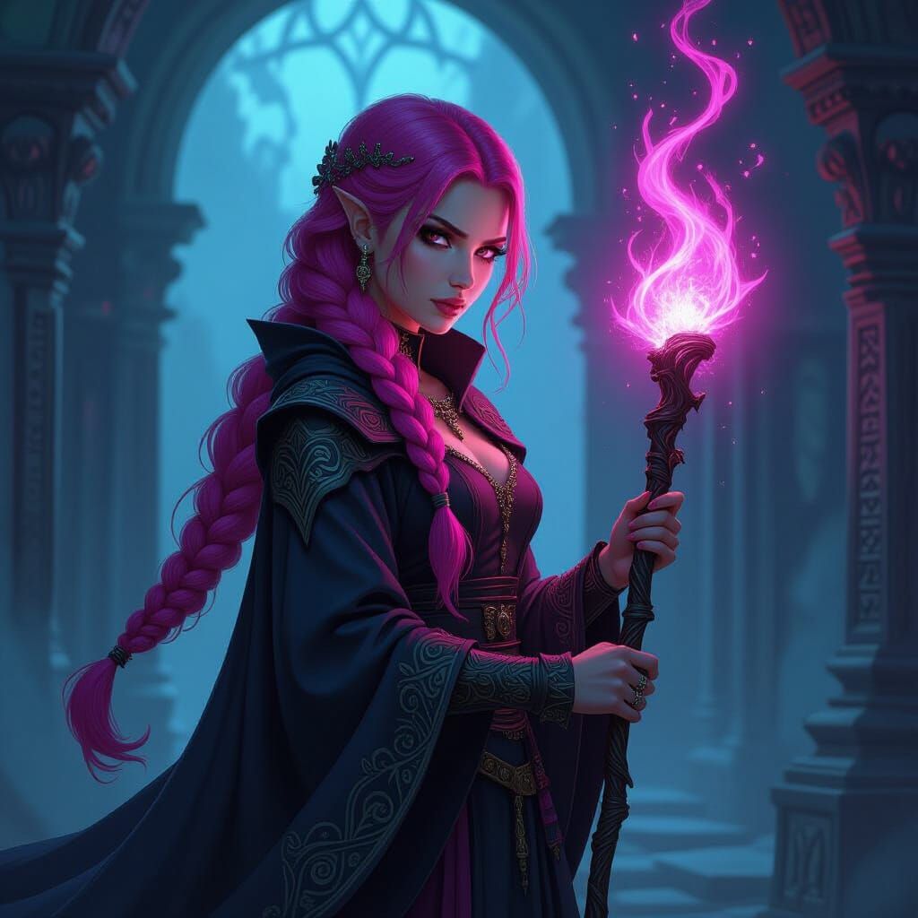 Pink-Haired Warlock Holds Glowing Staff in Mystical Chamber