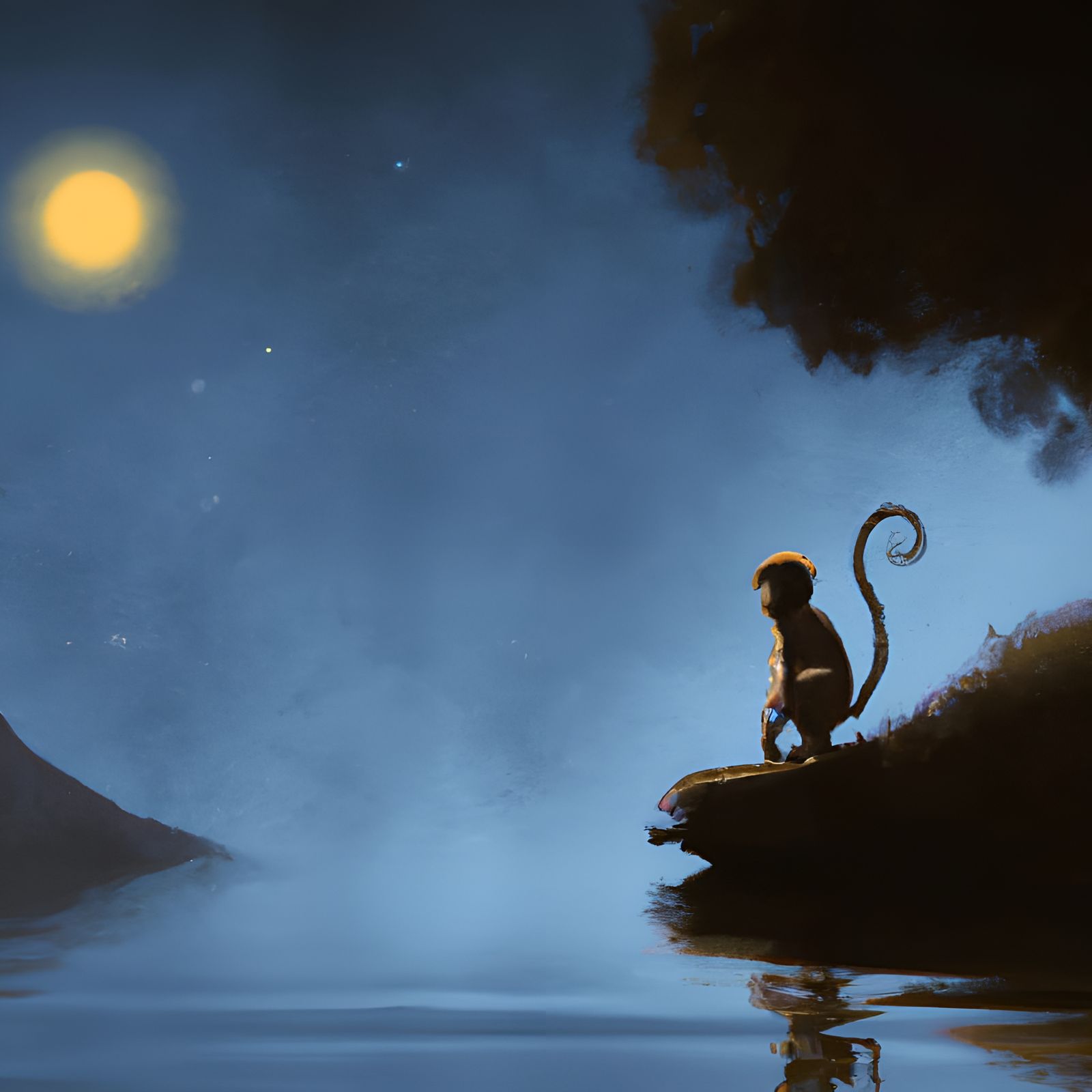 Monkey by lake at moonlight