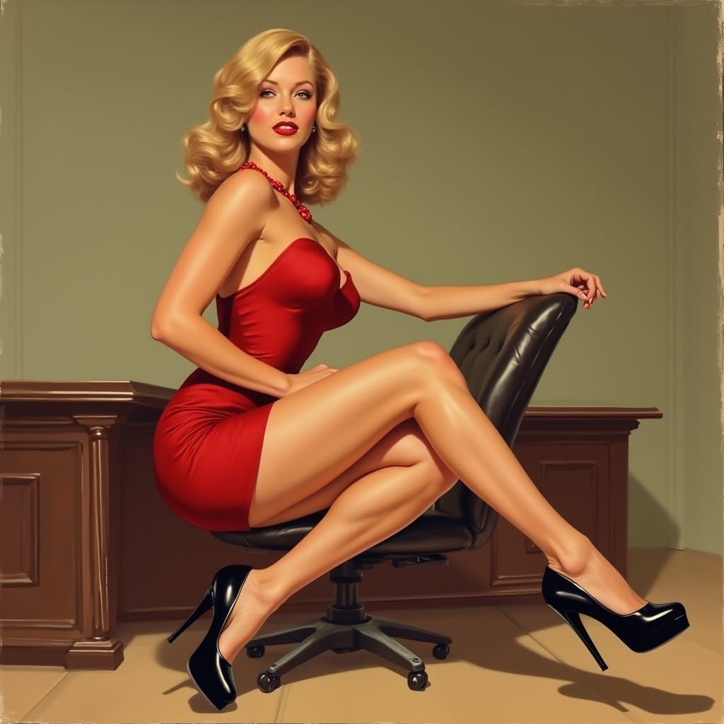 Classic Pin-Up Secretary in Red Dress and Heels