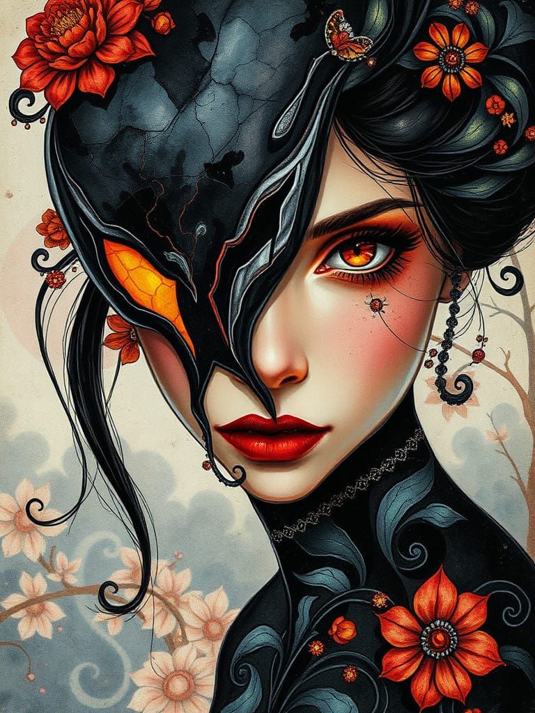 Vivid Medieval Romance with Intricate Florals and Neon Glow