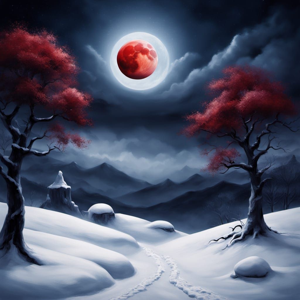 Surreal Red Moon Over Snowy Landscape in Oil Painting Style