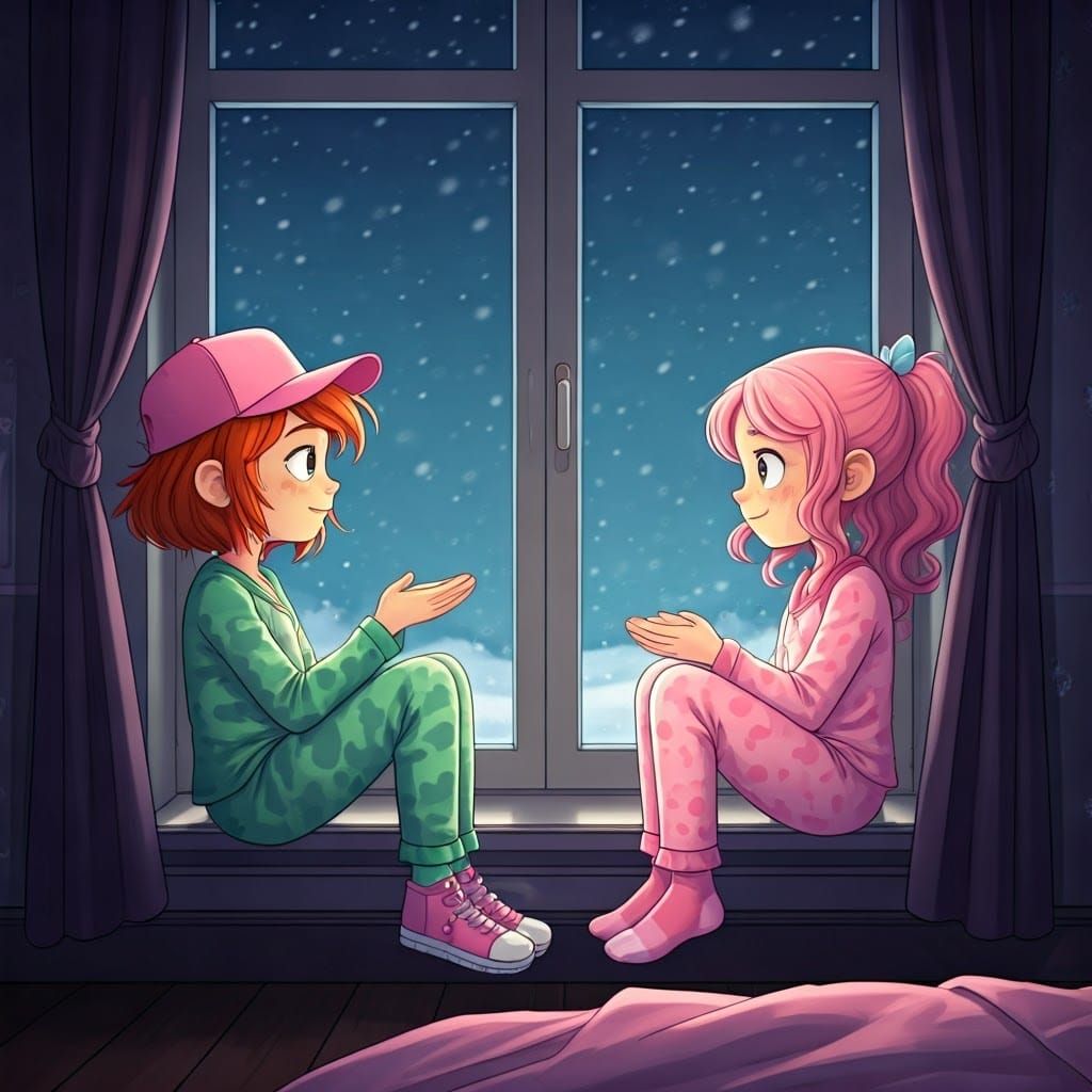 Girls Watching Snowfall on Winter Evening