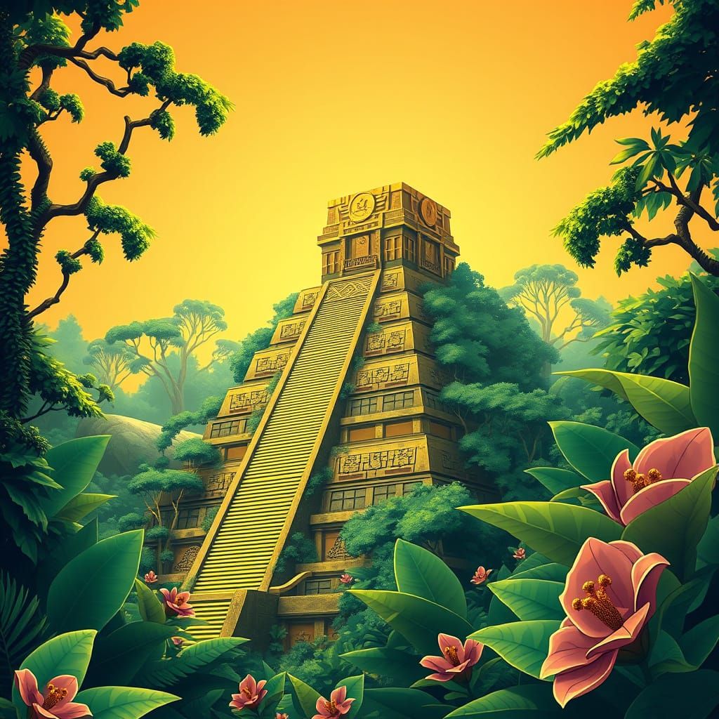 Golden Aztec Pyramid in Emerald Jungle, Ghibli-Inspired