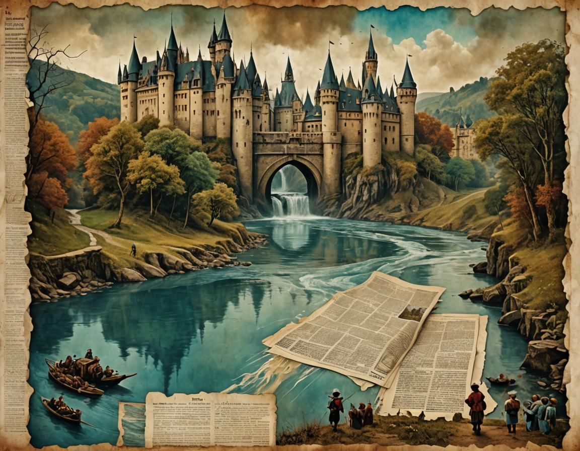 Castle River Scene in Vintage Matte Painting Style