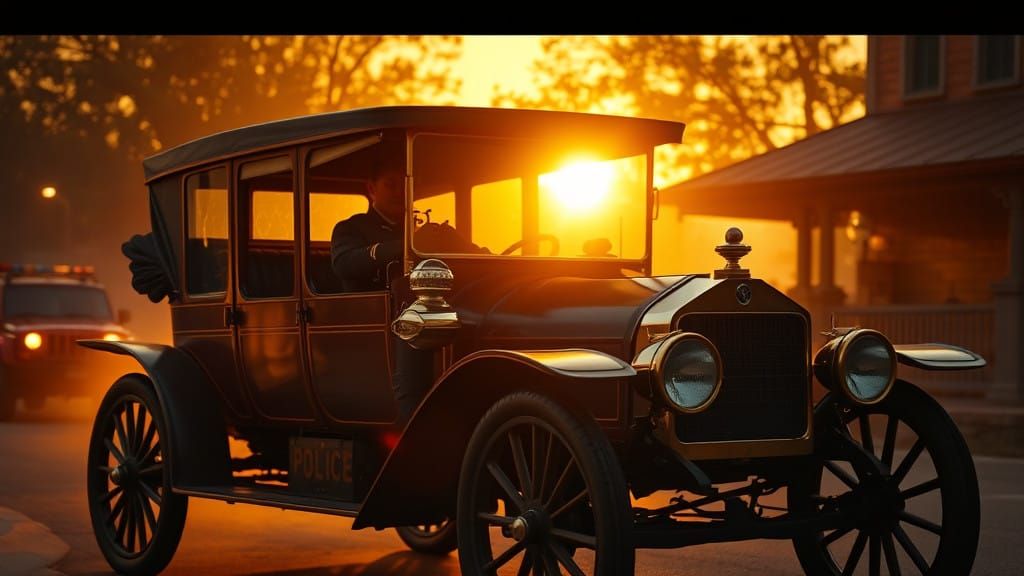 Vintage Police Car in Golden Sunset Cinematic Scene