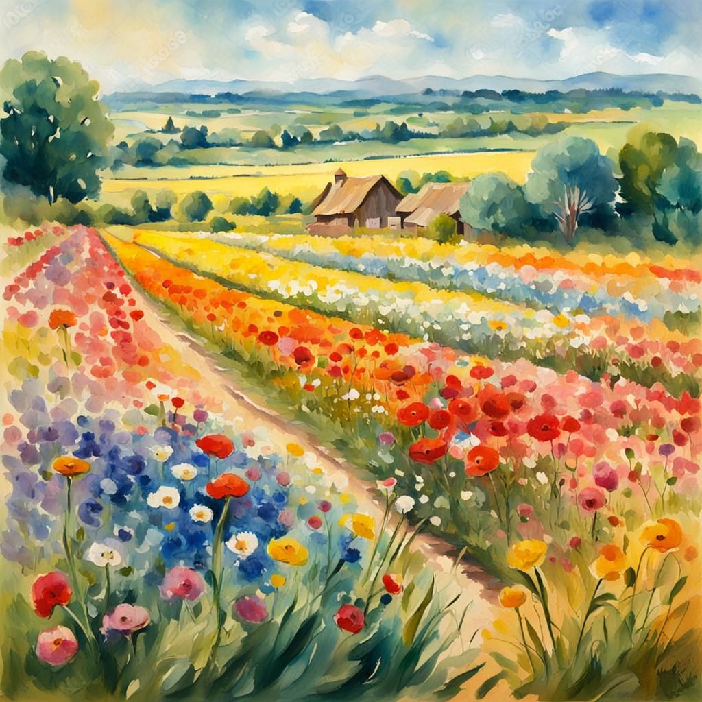 Floral Fields as Gouache Watercolor Impressionist Painting