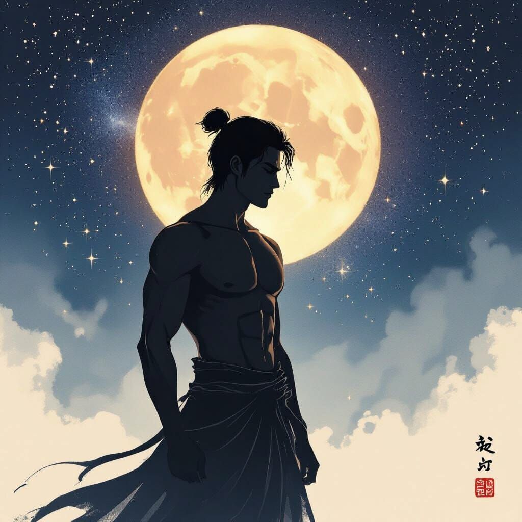 Man Silhouetted Against Milky Way in Japanese Ink Style