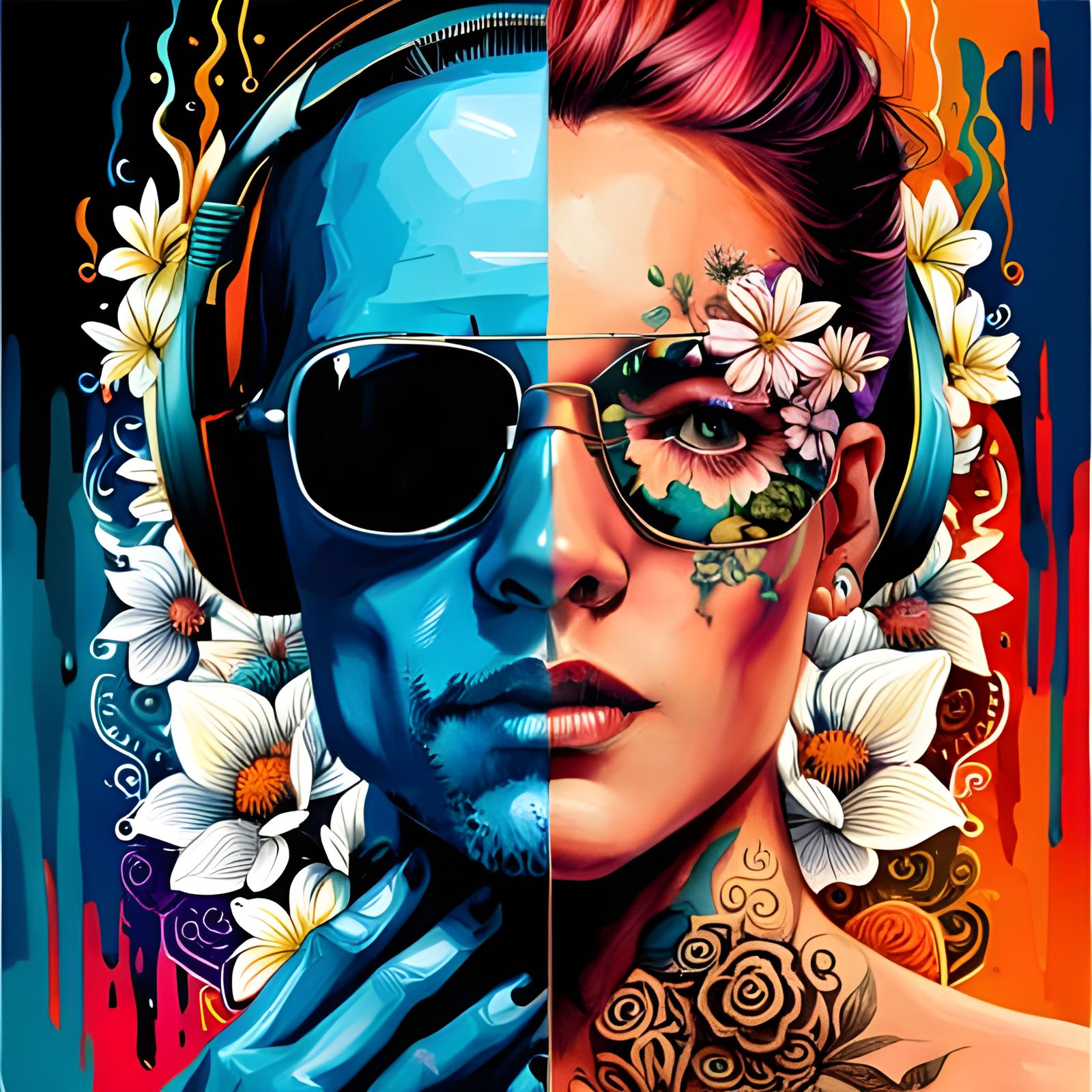 Skull Portrait with Norse Tattoos and Blossoms