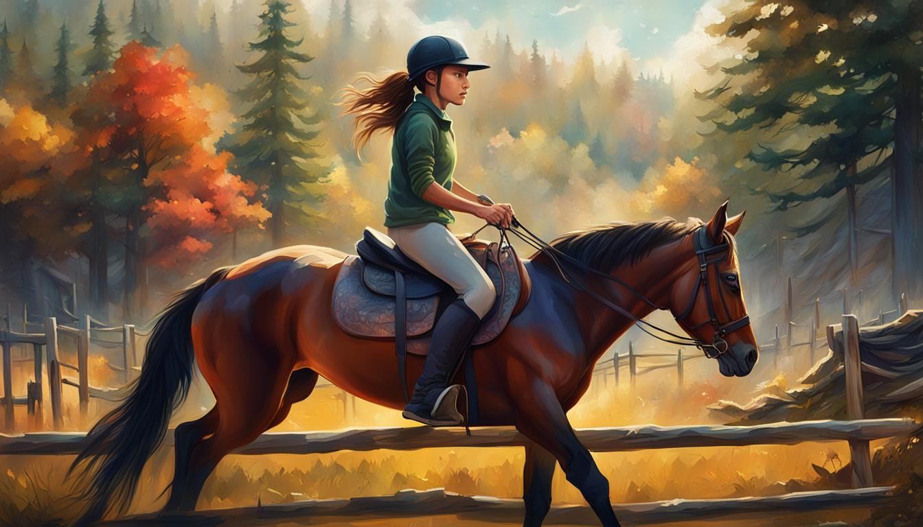 Girl on Horseback Jumping Fence in Hyperreal Style