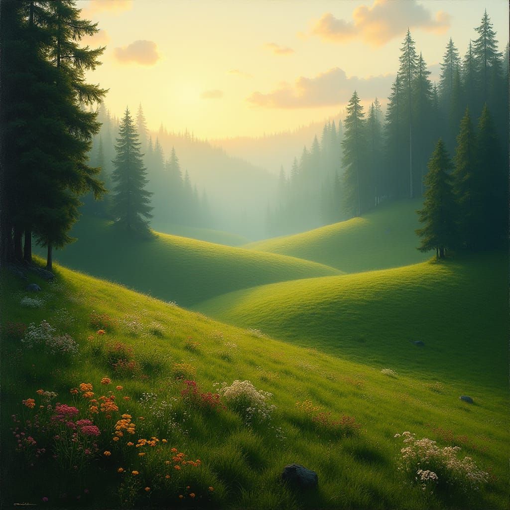Lush Green Hills and Forest Landscape
