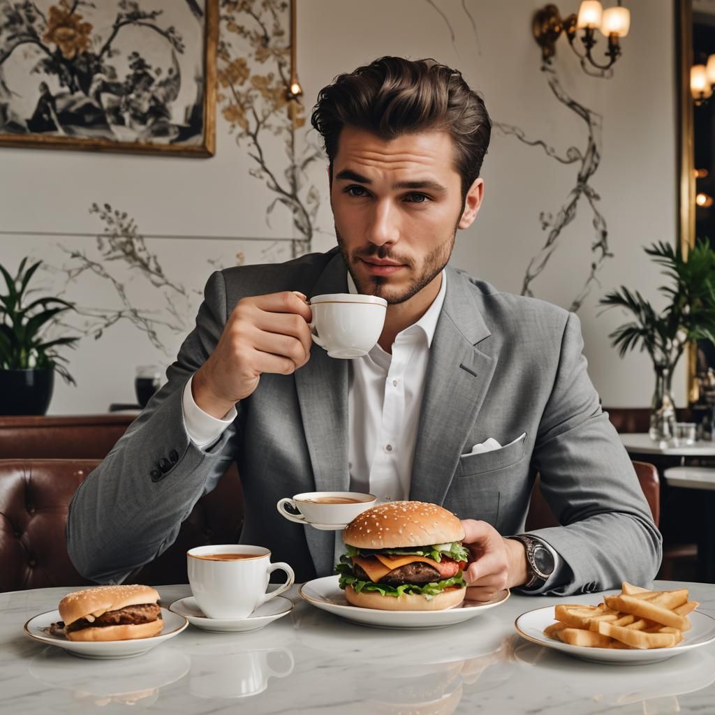 Man Sips Tea Eating Hamburger in Posh Cafe