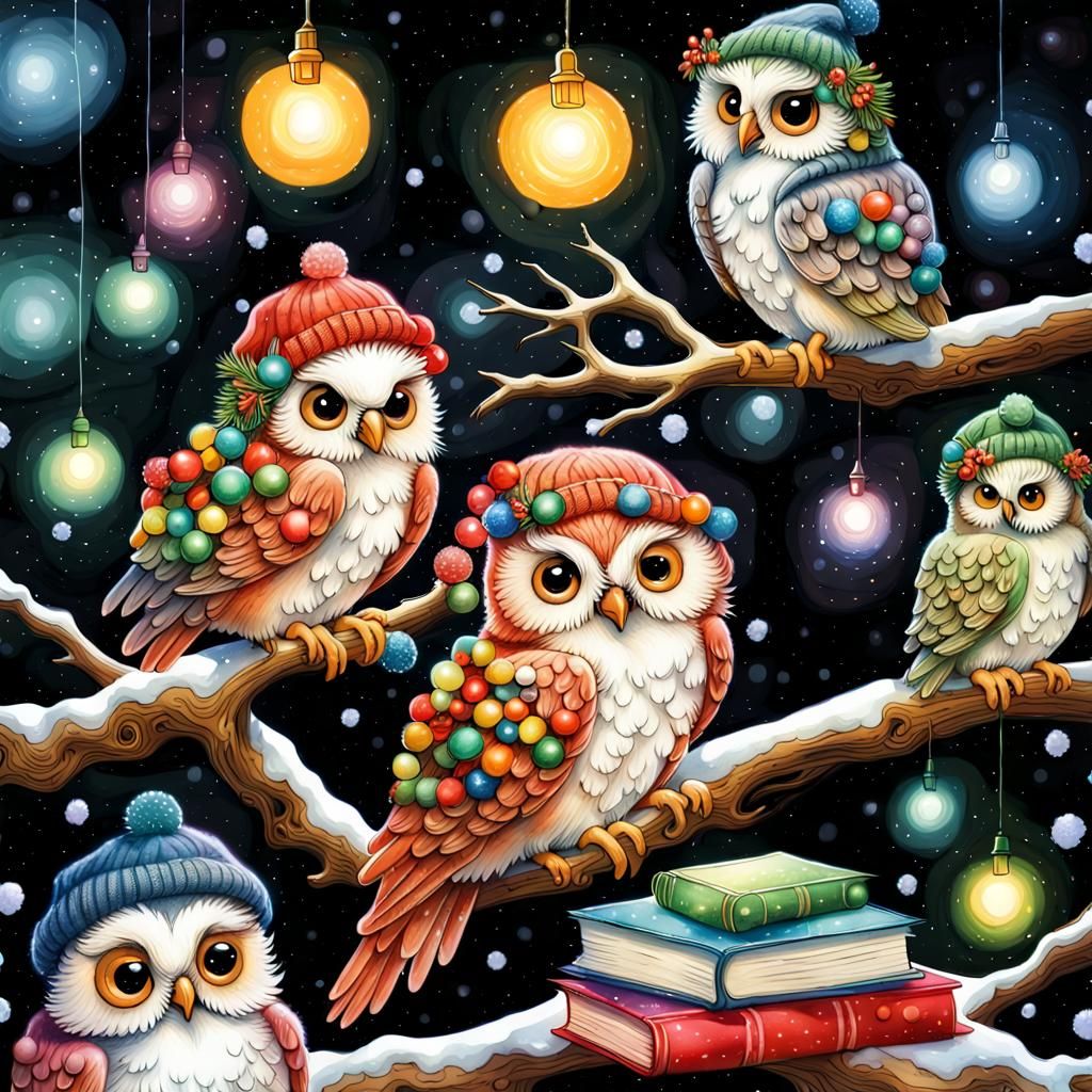 Cartoon Owls Reading on Snowy Branch, Fairycore Art