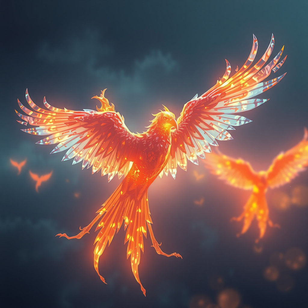 Ethereal Crystalline Firebirds in Flight: Fantasy Concept Ar...