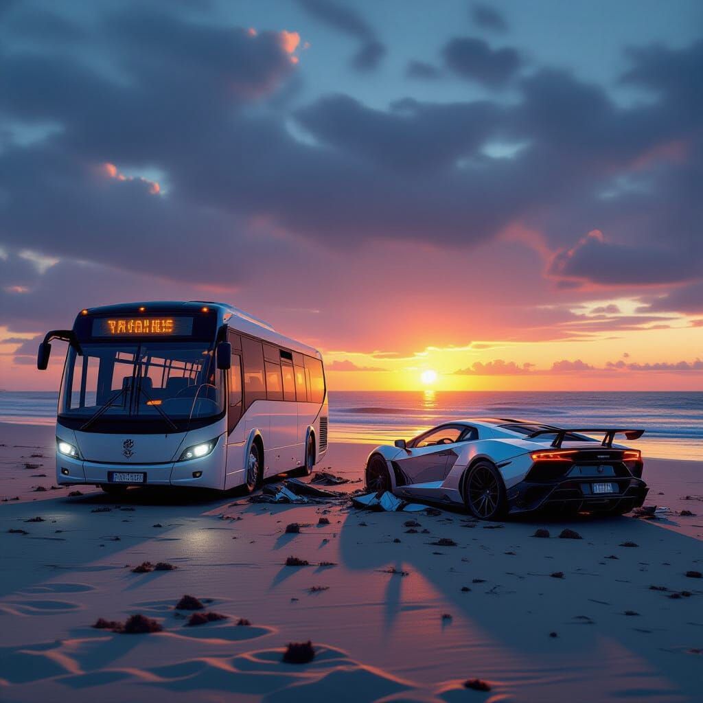 Futuristic Car Crash on Beach at Sunset