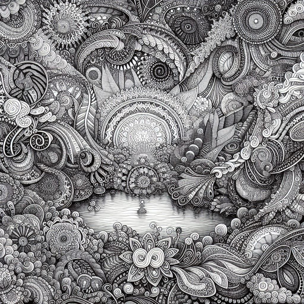 Intricate Black and White Zentangled Dreamscape