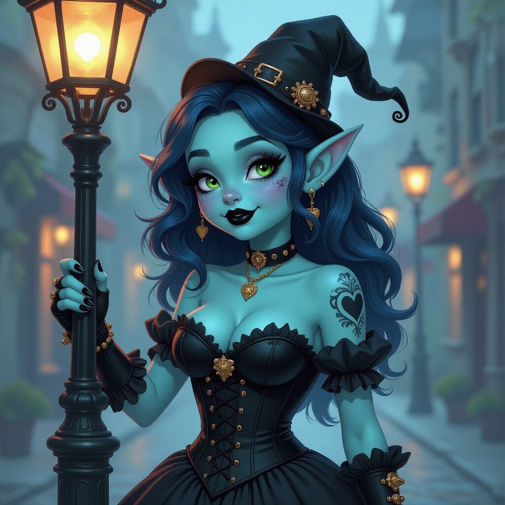 Gothic Steampunk Troll-Smurf Girl Under Gas Lamp