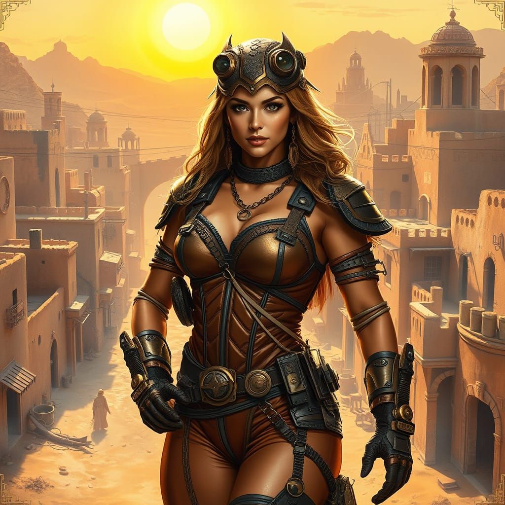 Elegant Steampunk Heroine Dominates Desert Cityscape in Matt...
