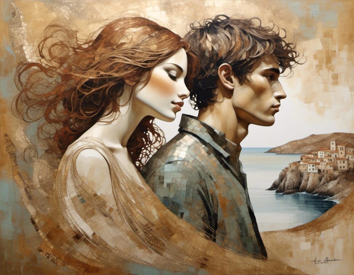 Couple Overlooking Mediterranean Sea in Earth Tones