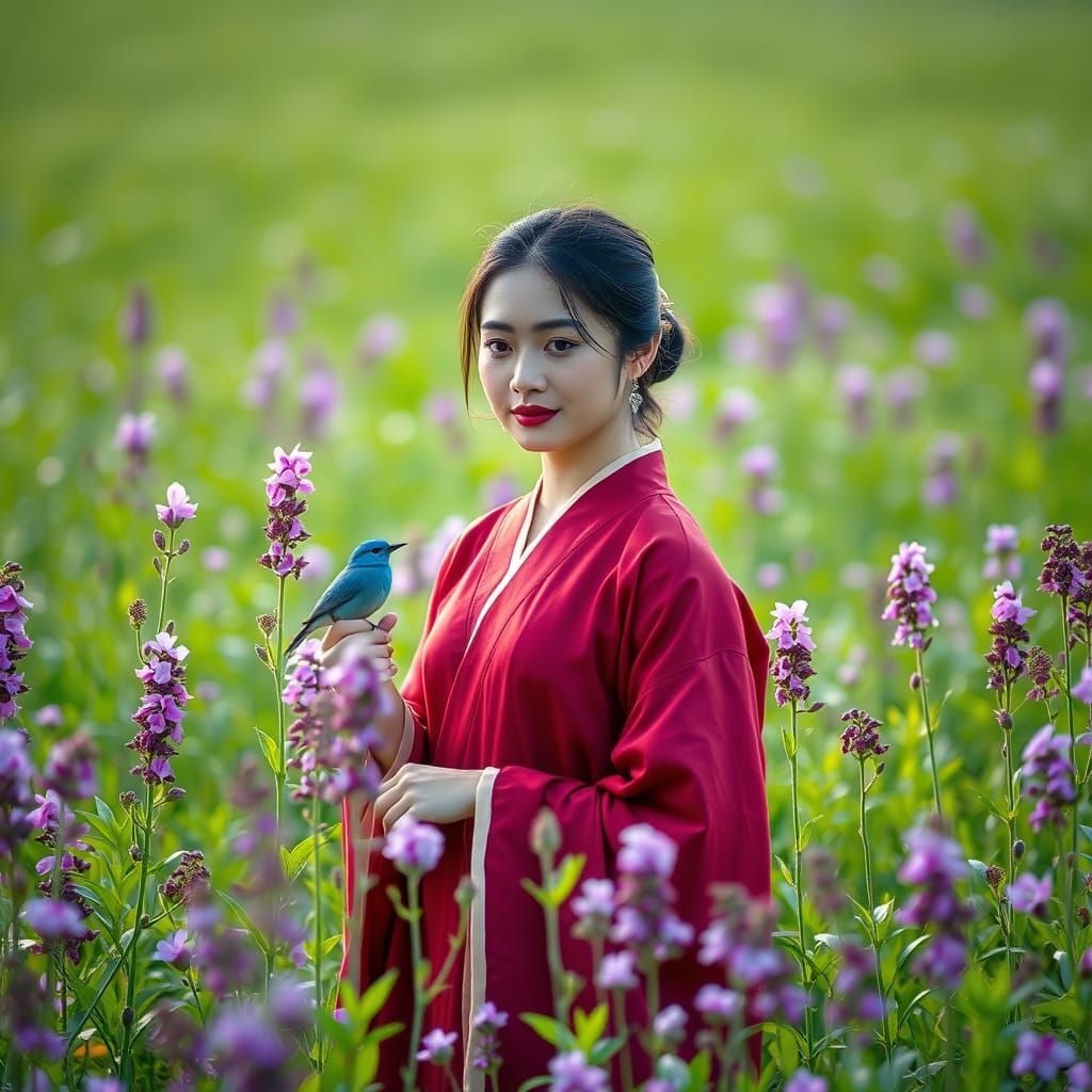 Asian Woman in Meadow with Blue Bird, Purple Flowers