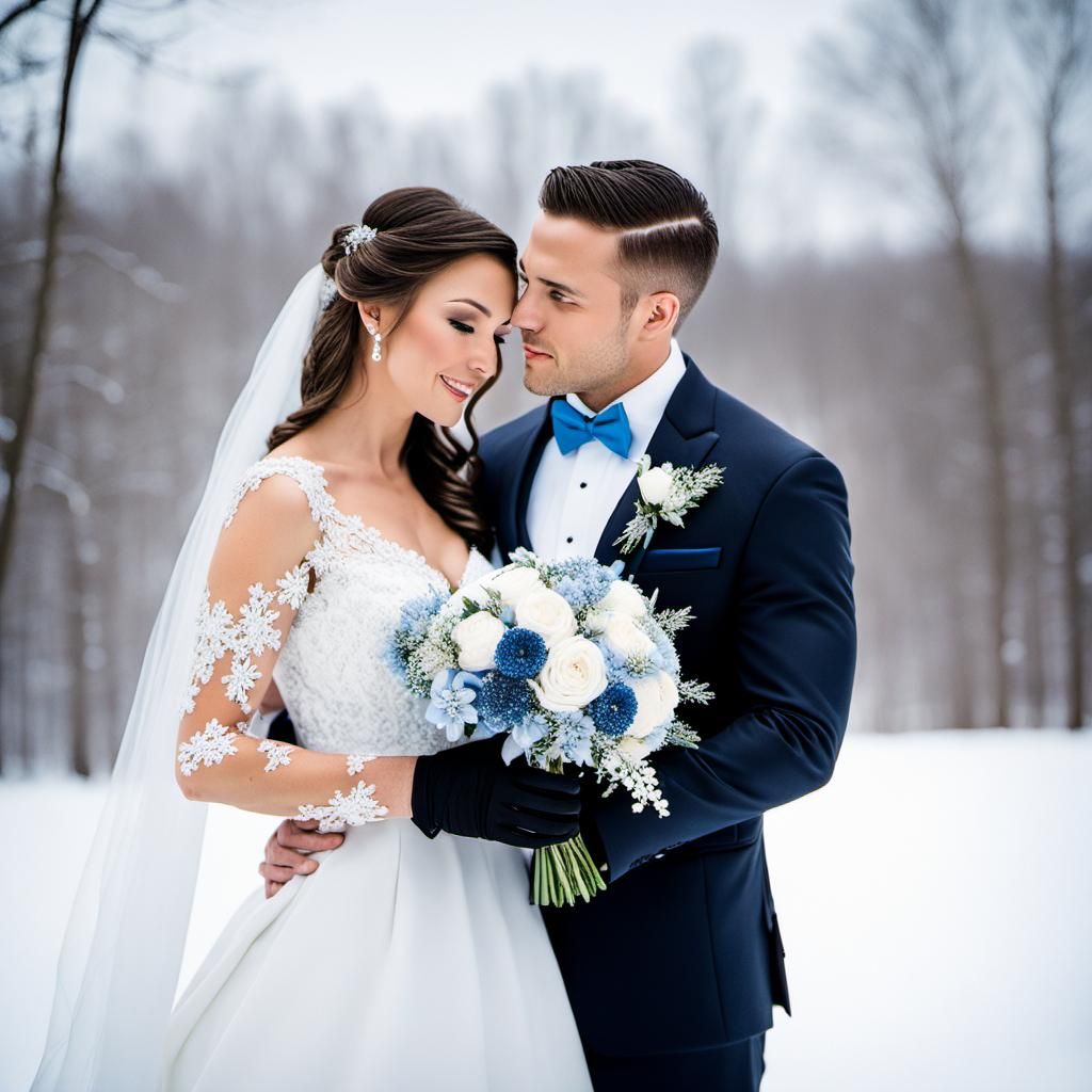 Romantic Winter Wedding Portrait in Snowy Landscape