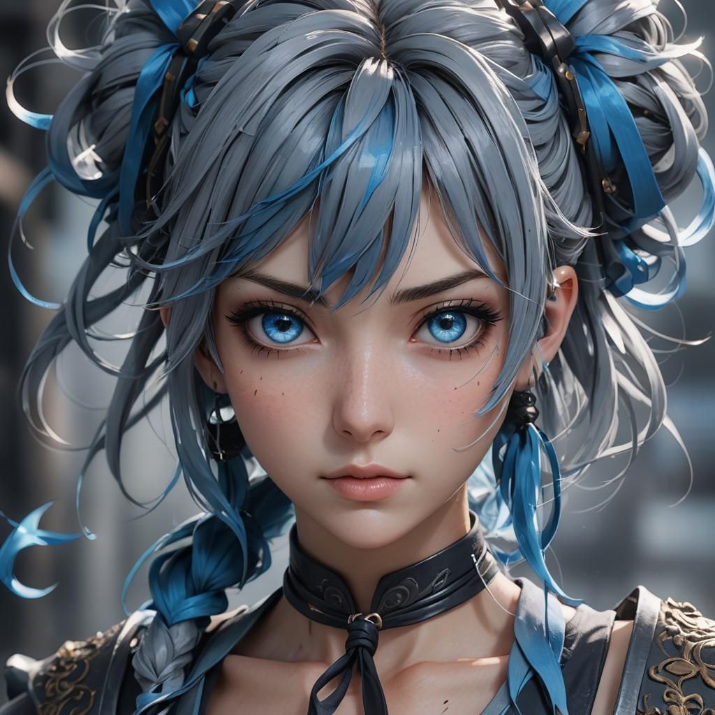 Anime Girl with Blue Hair, Digital Art