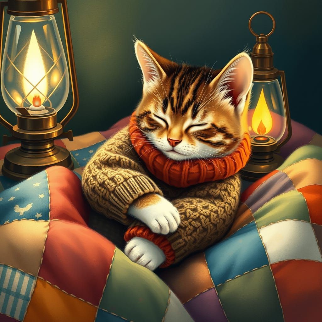 Whimsical Kitten Cozy in Patchwork Quilt by Oil Lamp