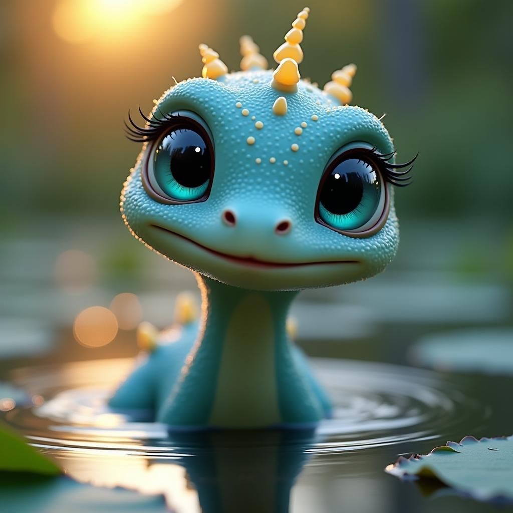 Adorable Baby Lochness Monster in Sunset