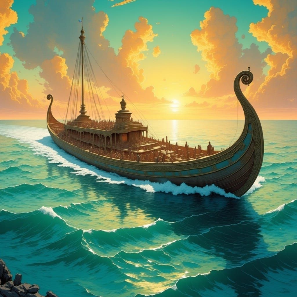Greek Bireme at Sunset in Moebius Style