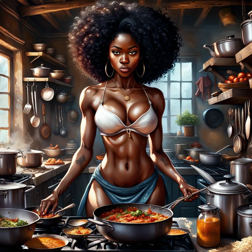 Beautiful Nigerian Woman Cooking in Fantasy Art Style