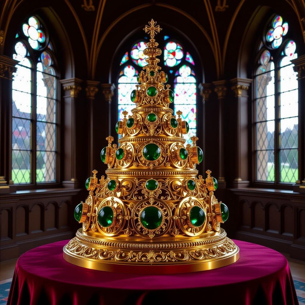 Intricate Gold Structure with Emeralds on Purple Satin in Ca...