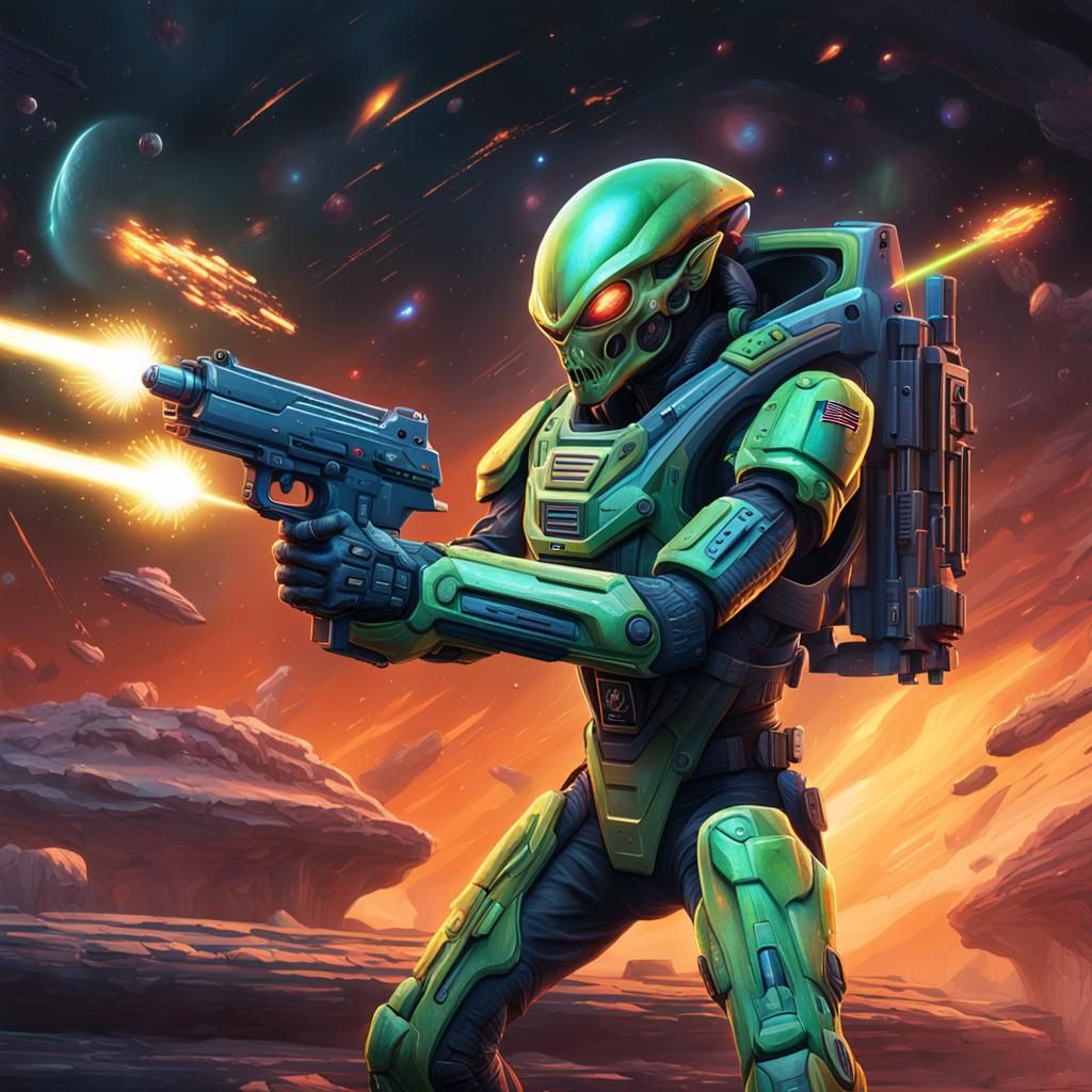 A humanoid alien in a military uniform firing a Lazer gun 8k...