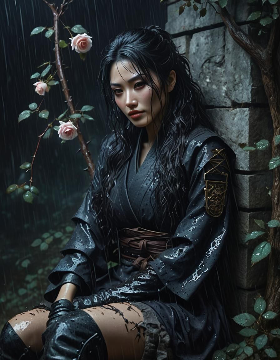 Ethereal Kunoichi in Rainy Ruins: Chiaroscuro Oil Painting