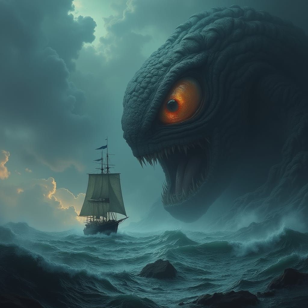 Majestic Ship Encountering Sea Monster