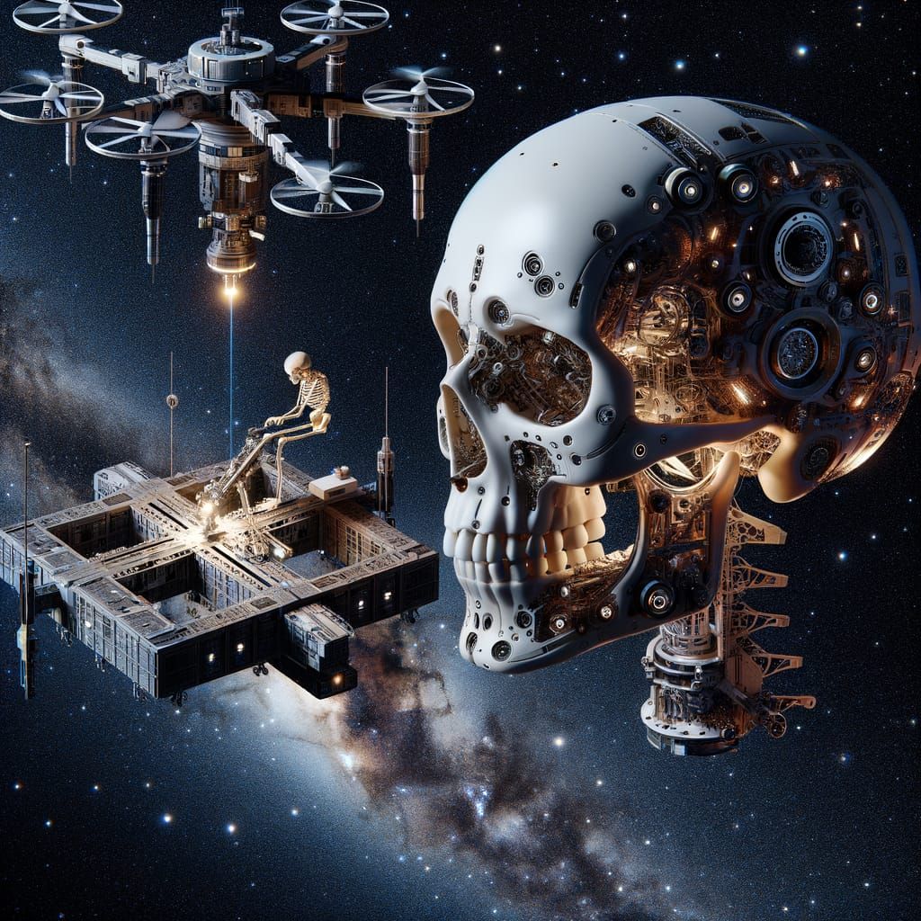 Mechanical Skull Drone Repairs Space Station Exterior