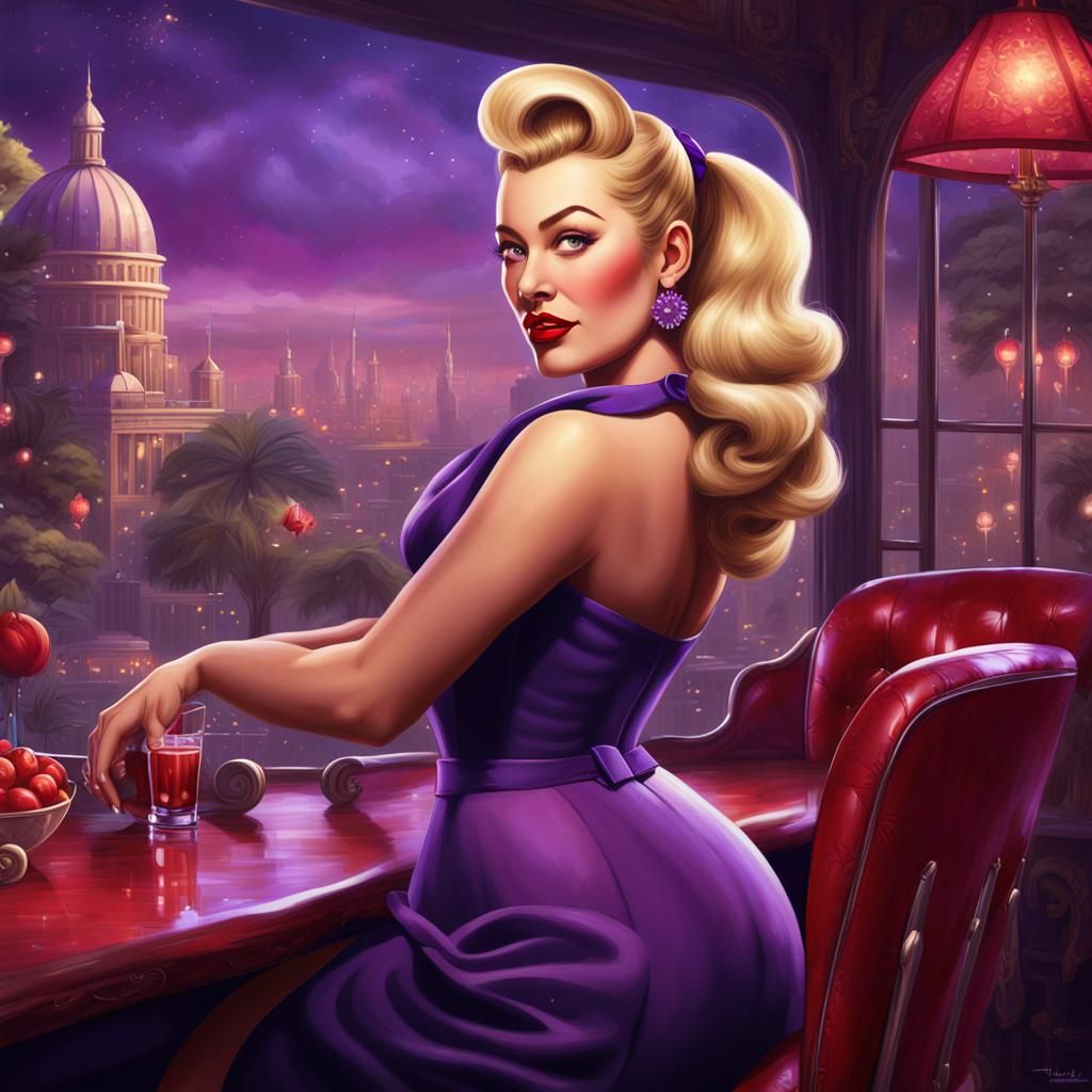 Voluptuous Blonde in Purple: 1950s Pinup Illustration