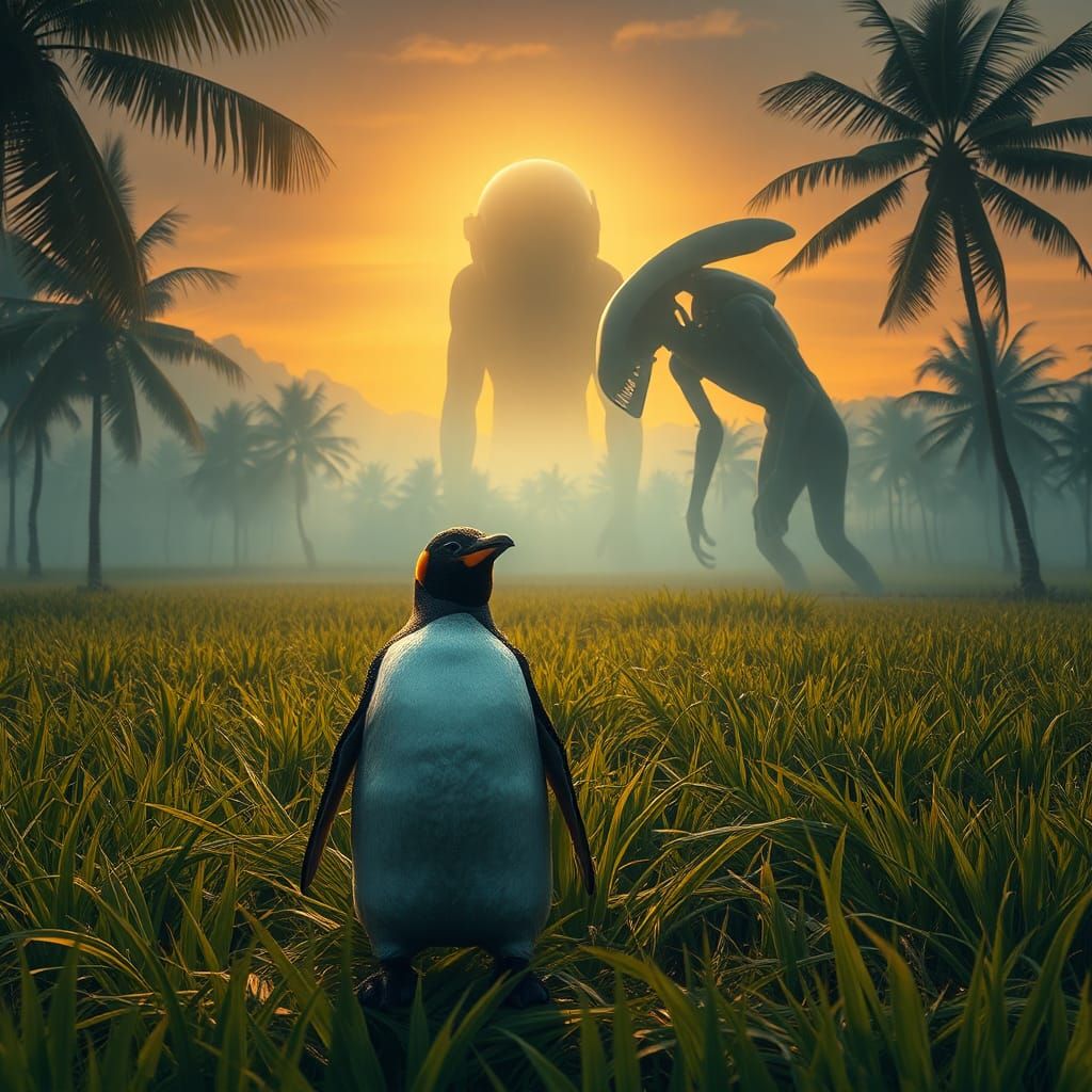 Penguin, Xenomorph, and Rice Field in Ethereal Glow