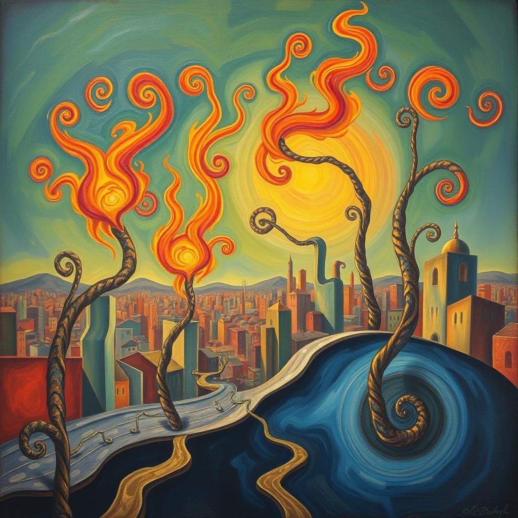 Surreal Cityscape with Flaming Vines in Dali Style