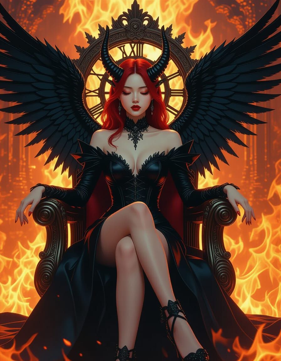 Demonic Asian Woman on Clockwork Throne in Dark Fantasy Styl...