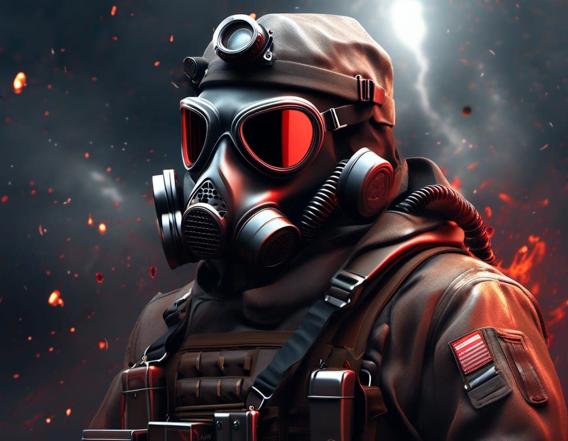 Otter Commander in Gasmask on Battlefield, Digital Art