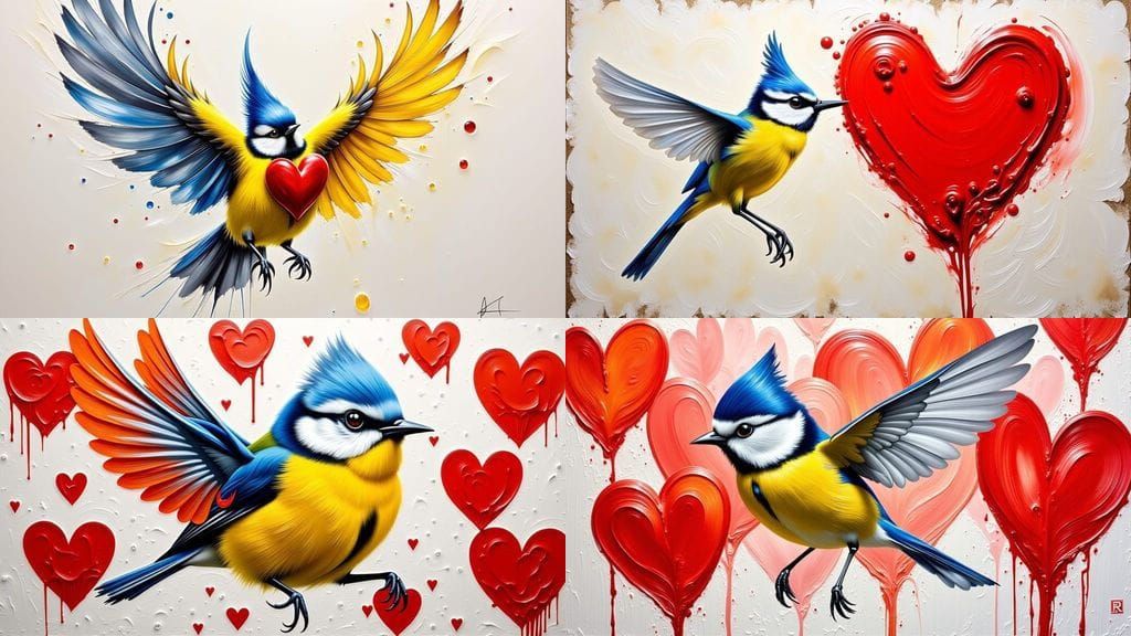 Bluetit with Red Heart as Impasto Acrylic Painting