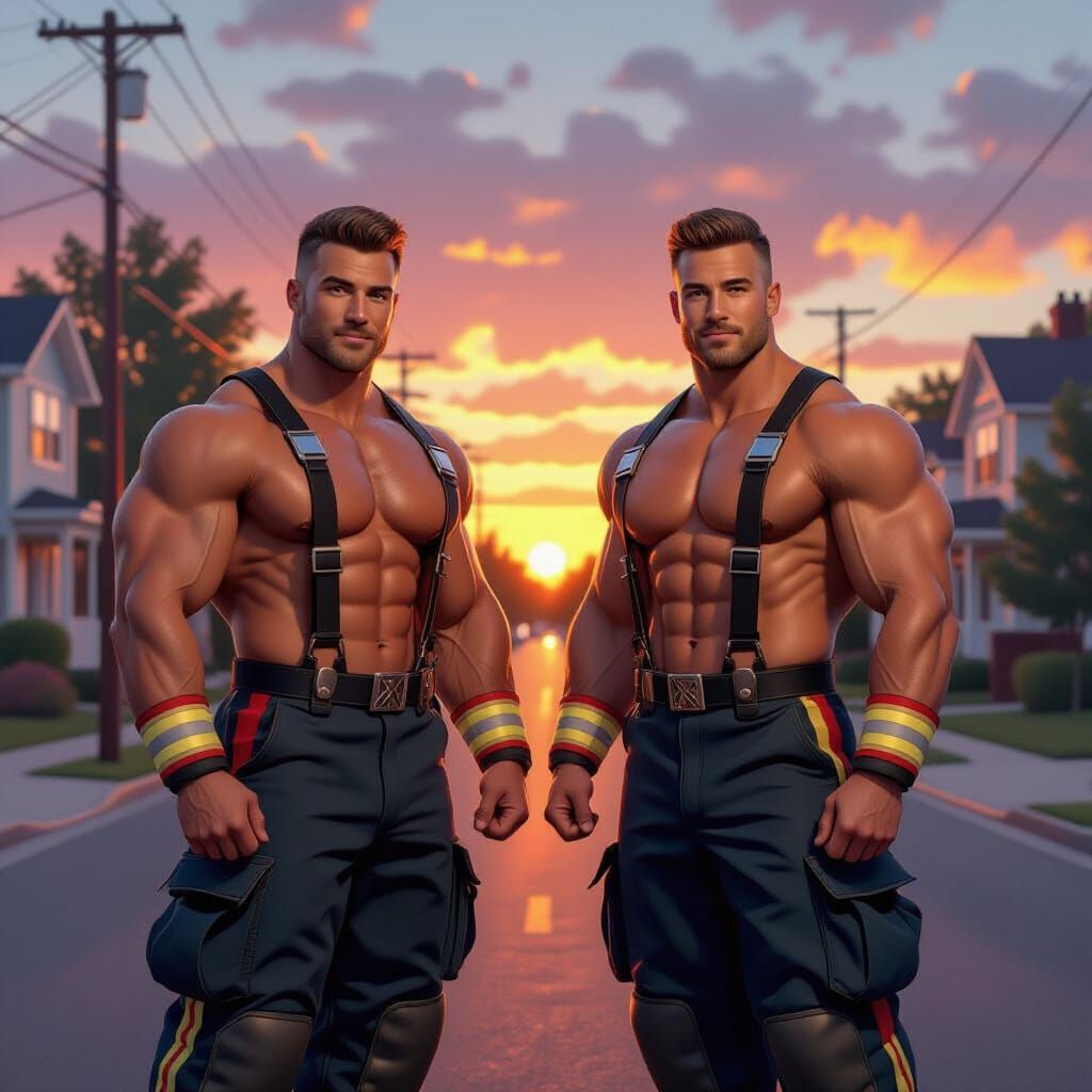 Hyper-Muscular Firemen Patrolling Serene Street, Confident M...