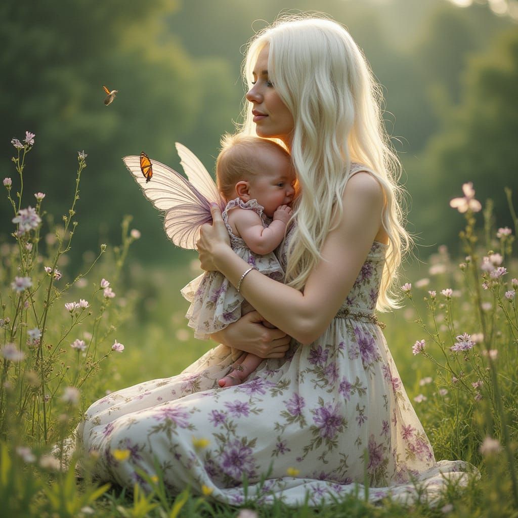 Woman and Newborn in Whimsical Art Nouveau Fantasy