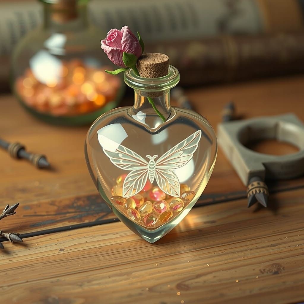 Crystal Heart Vial with Moonbeams in Art Nouveau